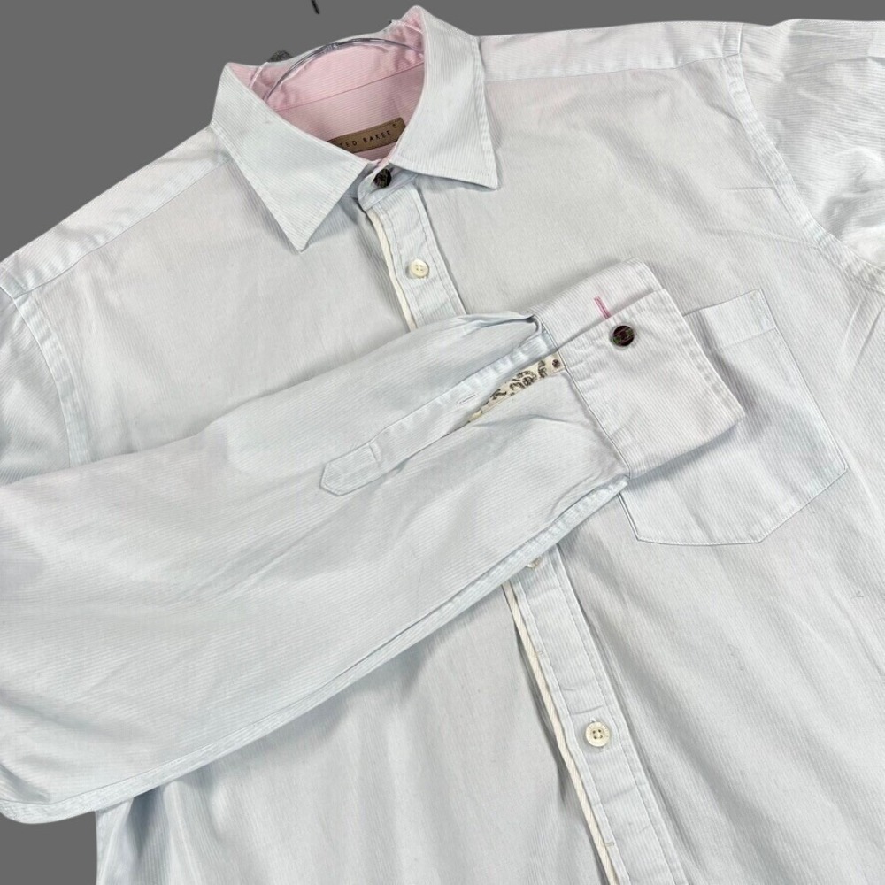 Ted Baker London Size 5 XL Blue Micro Stripe Shirt Long Sleeve Floral Trim Logo